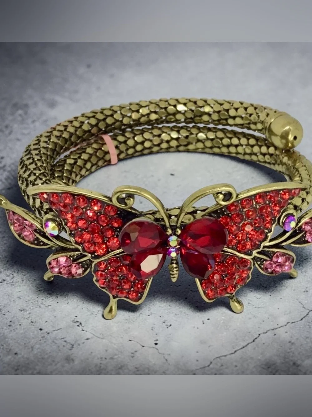 Butterfly statement bracelet gold tone, mesh cuff w red rhinestones new